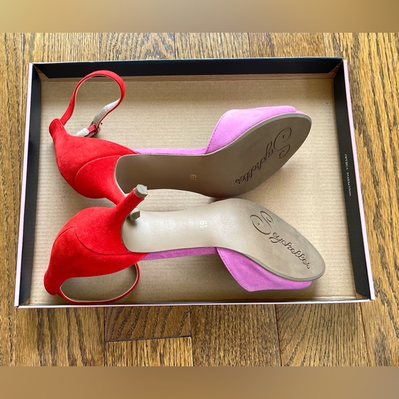 Seychelles Hazel Fuchsia and Red Suede Leather Ankle Strap Heels - Picture 6 of 12